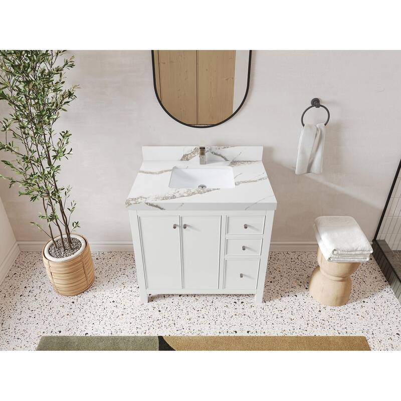 Willow Collections 36 in. W x 22 in. D Chicago Center Sink Left Bathroom Vanity with Countertop - 2” Calacatta Gold - White