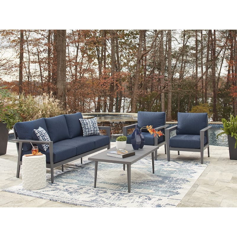 Signature Design by Ashley Gali Gray/Blue Outdoor Sofa/Chairs/Table Set (Set of 4) - 78.25" W x 33.25" D x 36.25" H