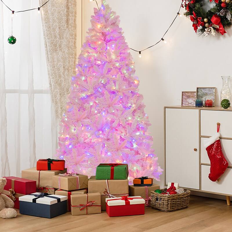 Gymax 7 FT Pre-Lit Artificial Christmas Tree Lighted Pink Snow Flocked