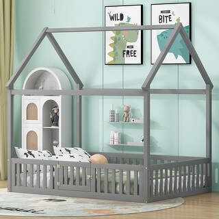 Full Size House Bed with Fence, Door, and Distressed Finish - Durable Pine Wood, Grey