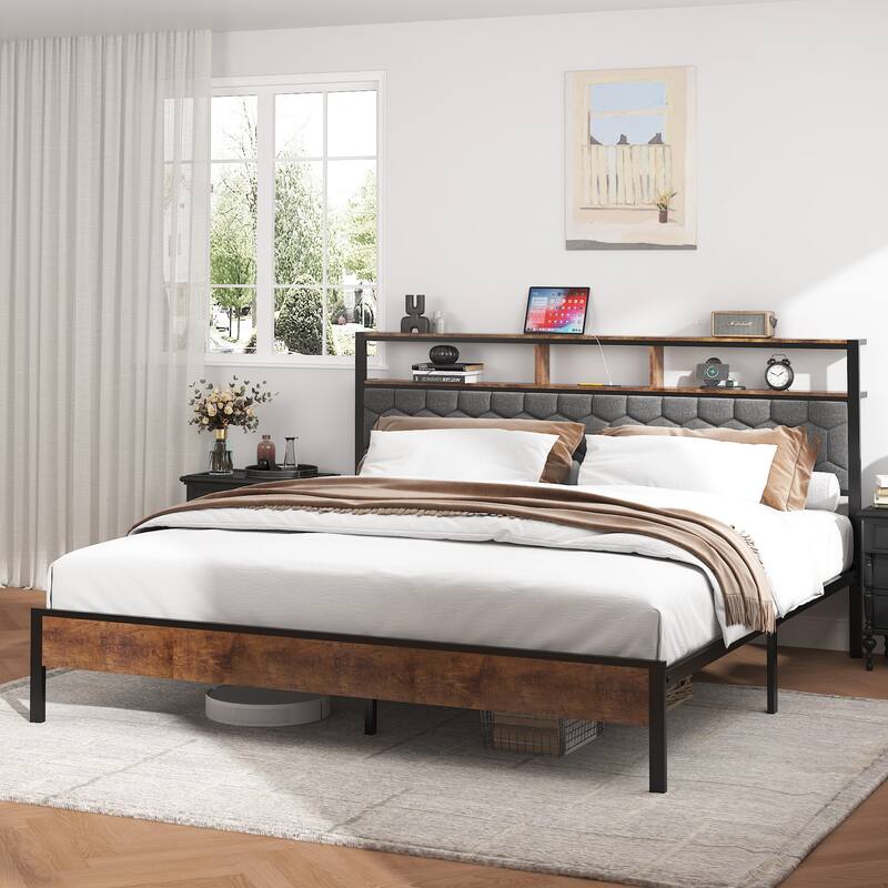 Brown Wood Platform Bed Frame with Type-C Port Noise Free,No Box Spring Needed(Full/Queen/King）