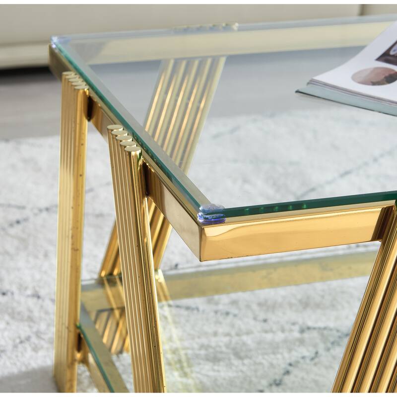 Modern Stainless Steel Coffee Table 2 Tier Tempered Glass Coffee Table with Storage Space, for Living Room, Silver