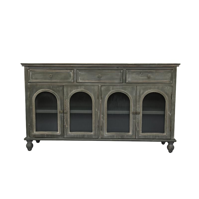 59.06"Farmhouse Sideboard Buffet Cabinet, Distressed Wood Credenza with 3 Drawers & 4 Glass Doors, Storage Cabinet with Shelves