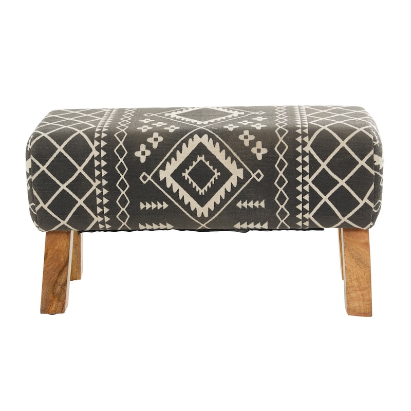 Black Wood Tribal Bench with Wood Legs - 33 x 15 x 18