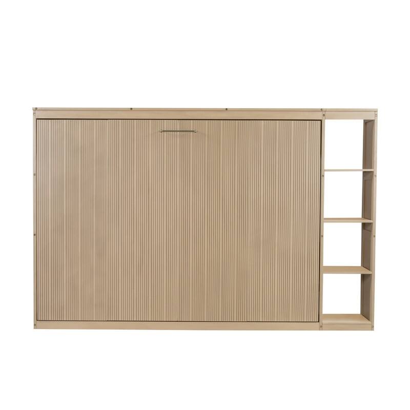 Full Size Murphy Bed with Bookshelf, Foldable Bed Frame with Storage Shelves, Wooden Cabinet Bed with Handle