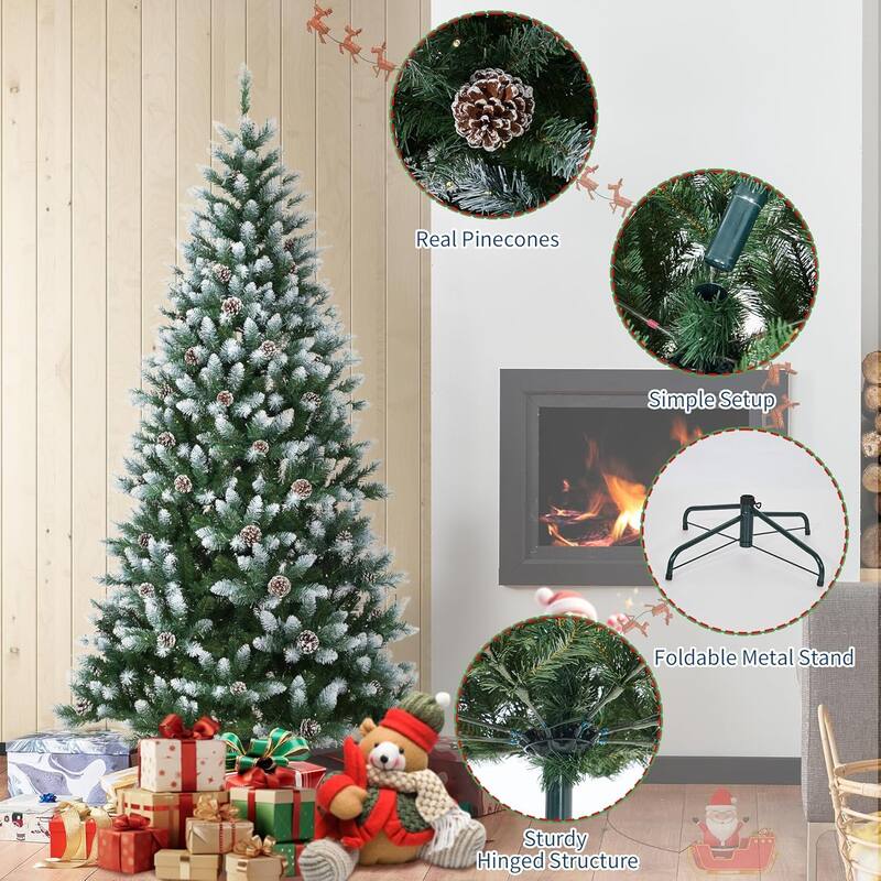 Christmas Tree, Pre-Lit 4.5 Ft Artificial Pine with LED Lights, Hinged Holiday Tree with Foldable Metal Base for Home
