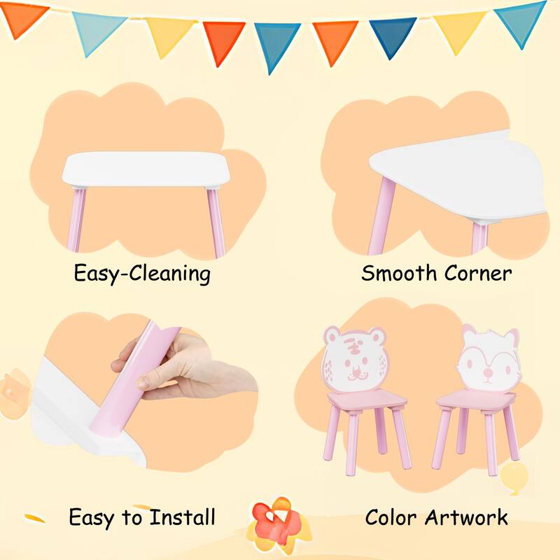 Anmytek Toddler 3-Piece Wooden Table and Chair Set Kids Activity Desk with Animal Backrest for Playroom Nursery