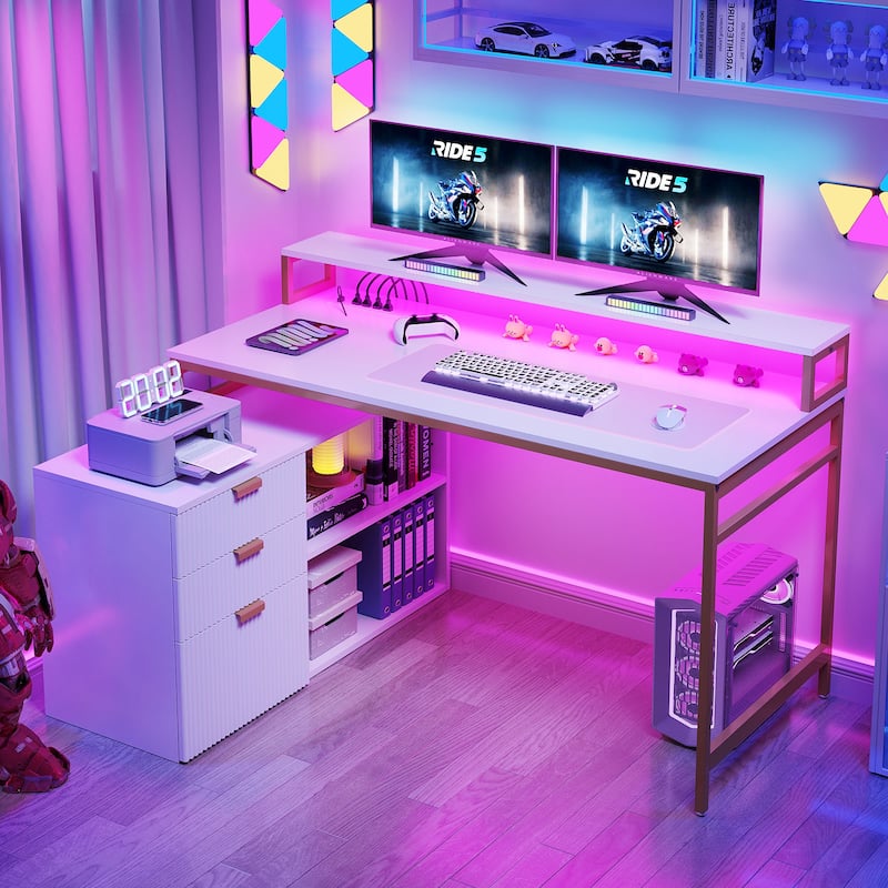 55 Inch L-shaped Gaming Desk with Power Outlets and LED Lights Computer Corner Desk with File Cabinet Monitor Stand - White/Gold