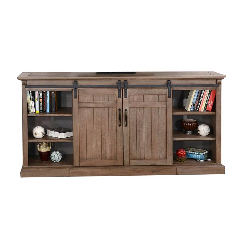 Yael TV Media Console w Fireplace Option, Barn Doors, 78 Inch Brown