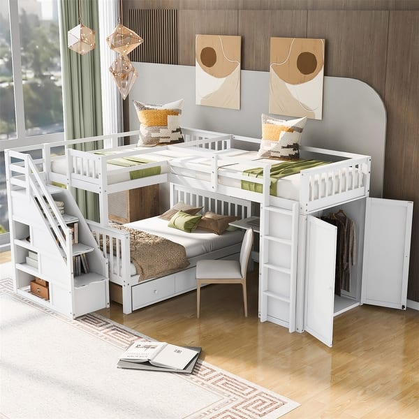 slide 2 of 30, Merax Twin-Twin over Full L-Shaped Bunk Bed With 3 Drawers, Portable Desk and Wardrobe White