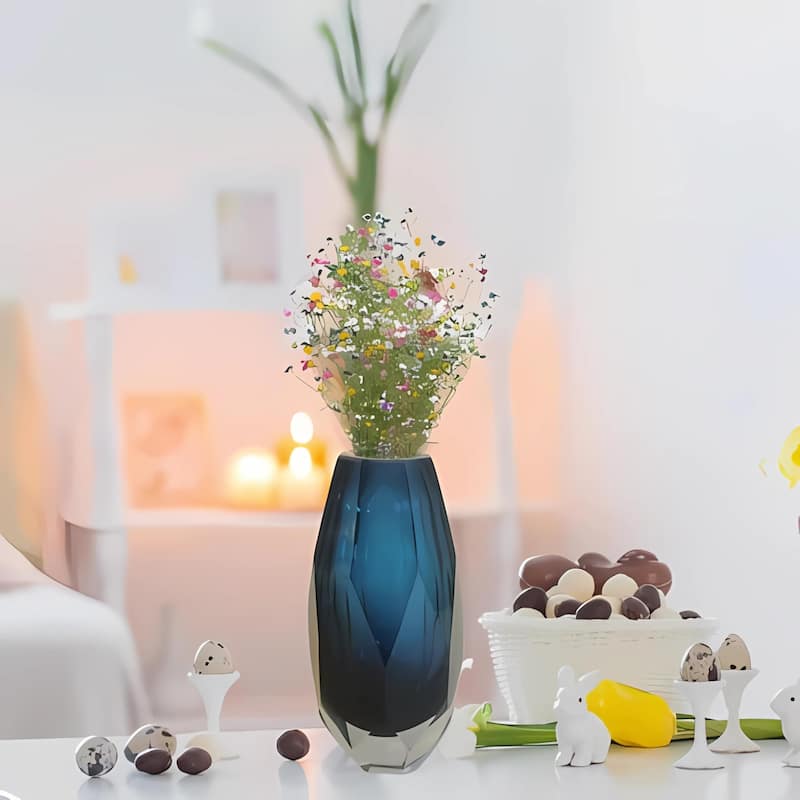 Blue Cut Glass Vase Art Deco Squat Oval Decorative Table Accent