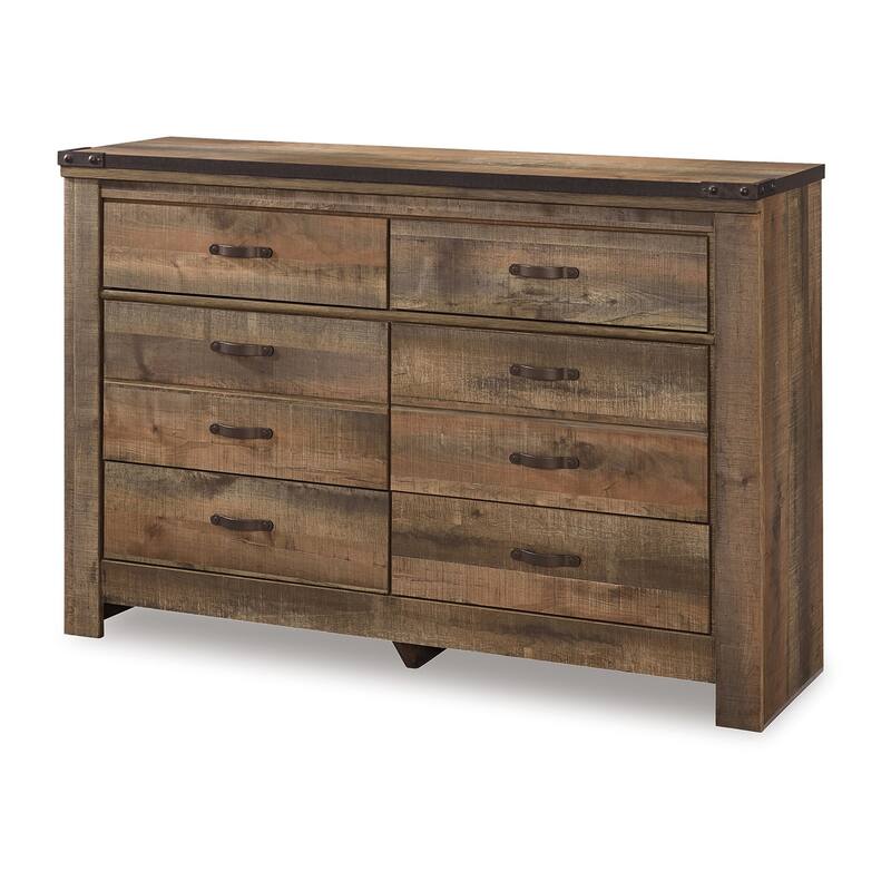Zoey Wide Dresser, 6 Wide Storage Drawers, Rustic Brown Plank Details