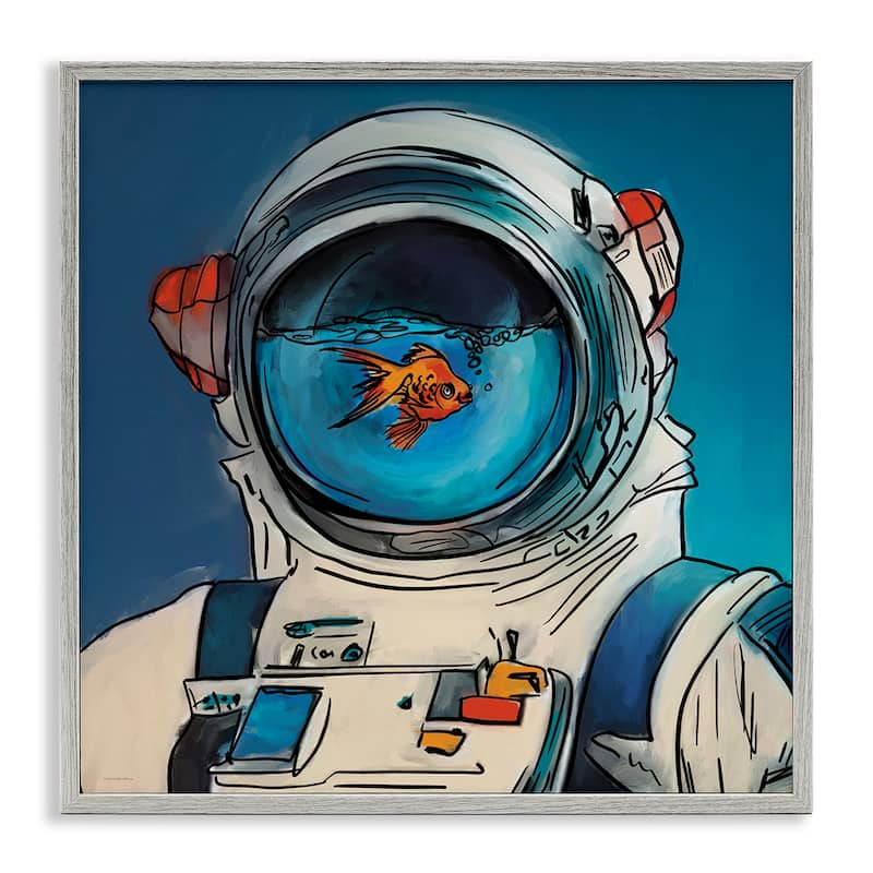 Stupell Goldfish Astronaut Suit Framed Giclee Art Design By Kamdon Kreations - 12 x 12 - Grey