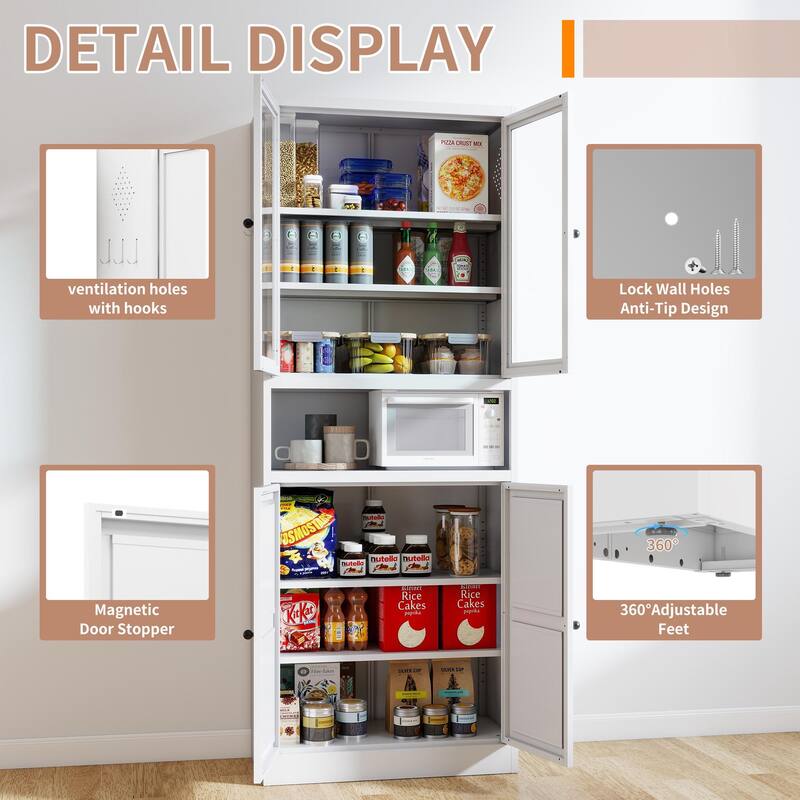 Metal Kitchen Pantry Cabinet - 72" Tall Storage with Adjustable Shelves, Heavy Duty Stainless Steel Frame, Freestanding Cabinet
