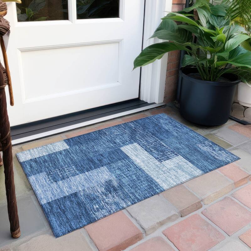 Machine Washable Indoor/ Outdoor Modern Blocks Chantille Rug - Navy - 1'8" x 2'6"