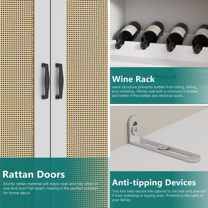 Rattan Door Pantry Storage Cabinet with Wine Rack - Freestanding Storage Organizer with Anti-Tip