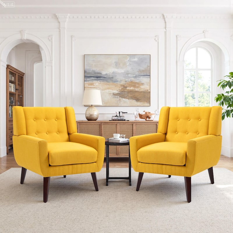 2 Set Modern Tufted Linen Upholstered Accent Chair Faux Leather Armchair