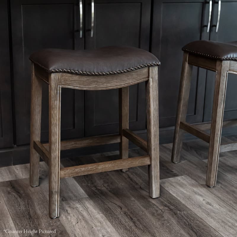 Maven Lane 31" Adrien Saddle Kitchen Bar Height Stool - N/A - Walnut Vegan Leather