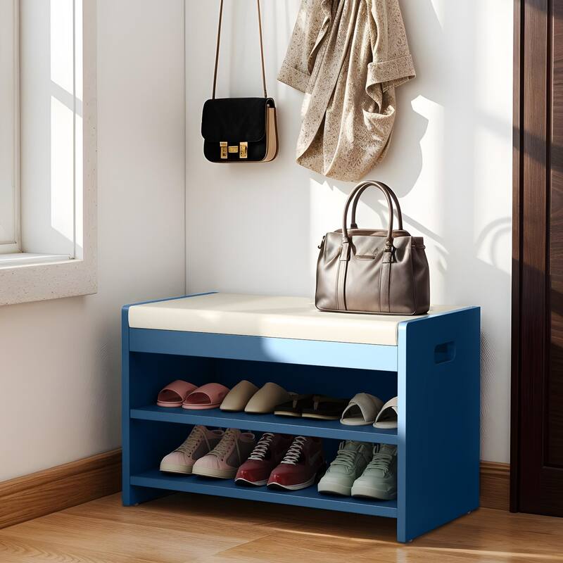 Moasis 2-Tier 28" Shoe Storage Bench w/Shelf and Seat Cushion for Hallway - Blue