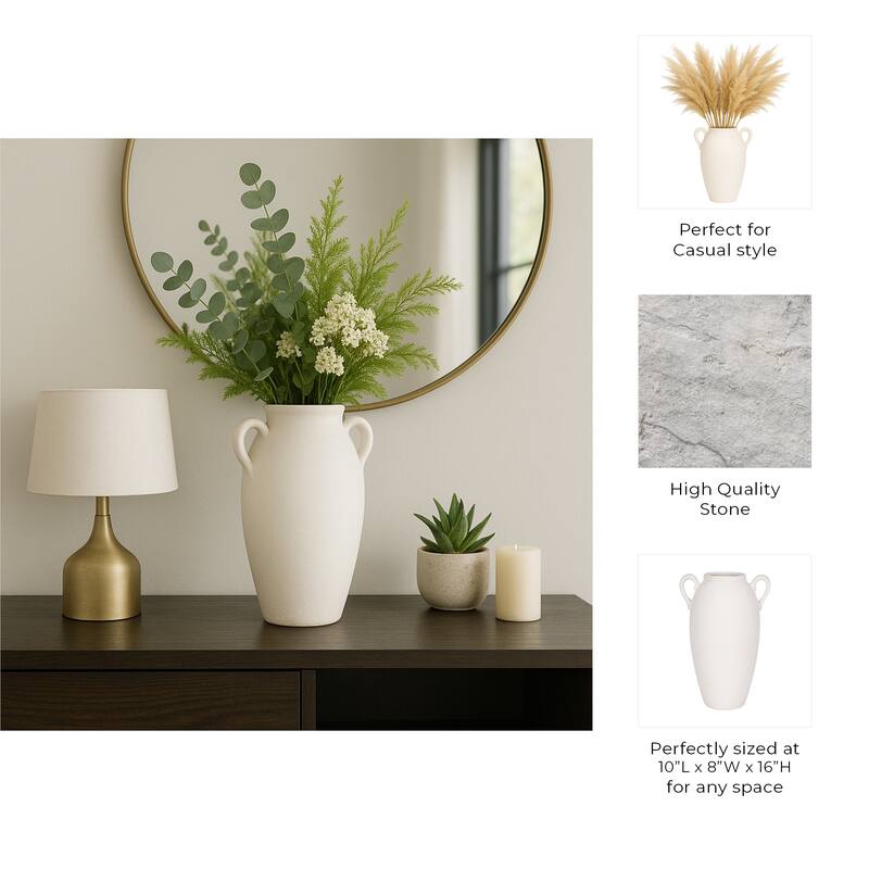 Neutral Ceramic Textured Amphora Jug with Handles Vase - White