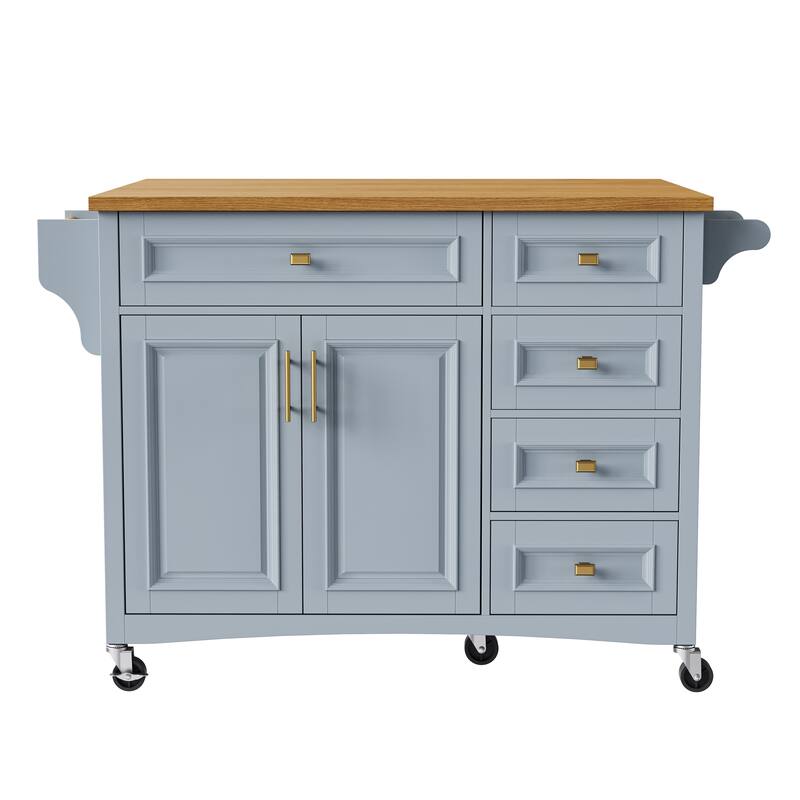Kitchen Island with Drop Leaf, Adjustable Shelf, Spice Rack, Towel Rack, 2 Doors and 5 Drawers