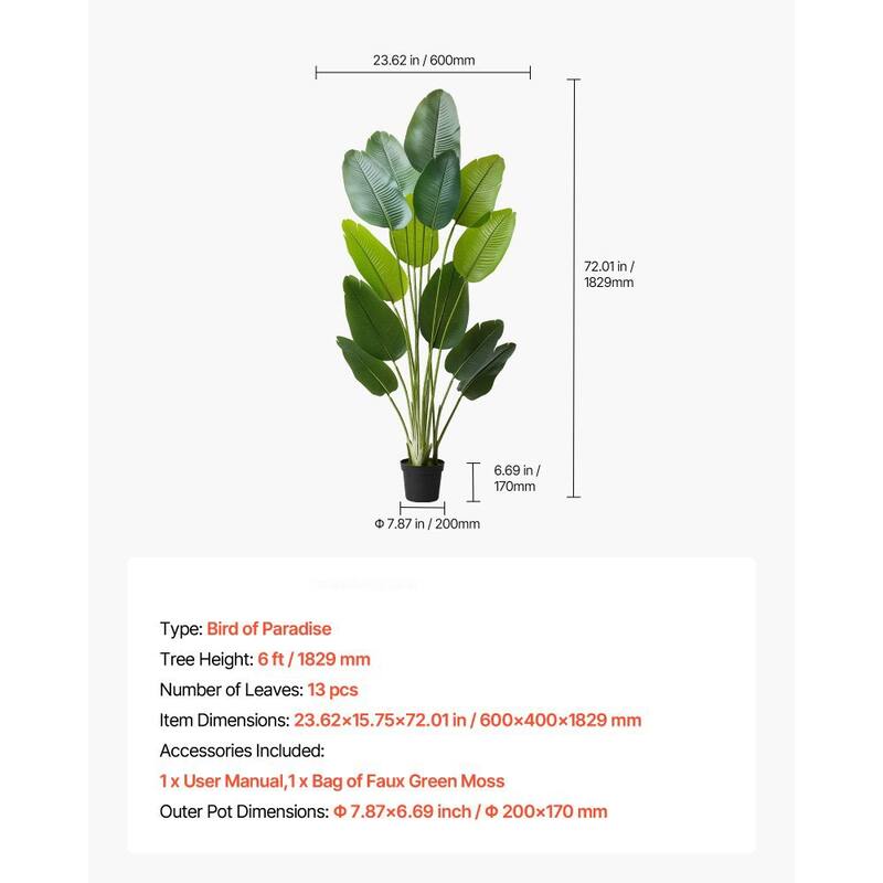 6ft Faux Bird of Paradise Tree with Sturdy PE Material and Moss Pot for Indoor Decorative Plant - 23.62 x 15.75 x 74.8 inch