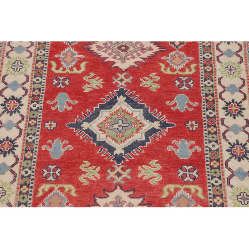 Geometric Kazak Accent Rug Handmade Red Wool Carpet - 3'4" x 5'0"