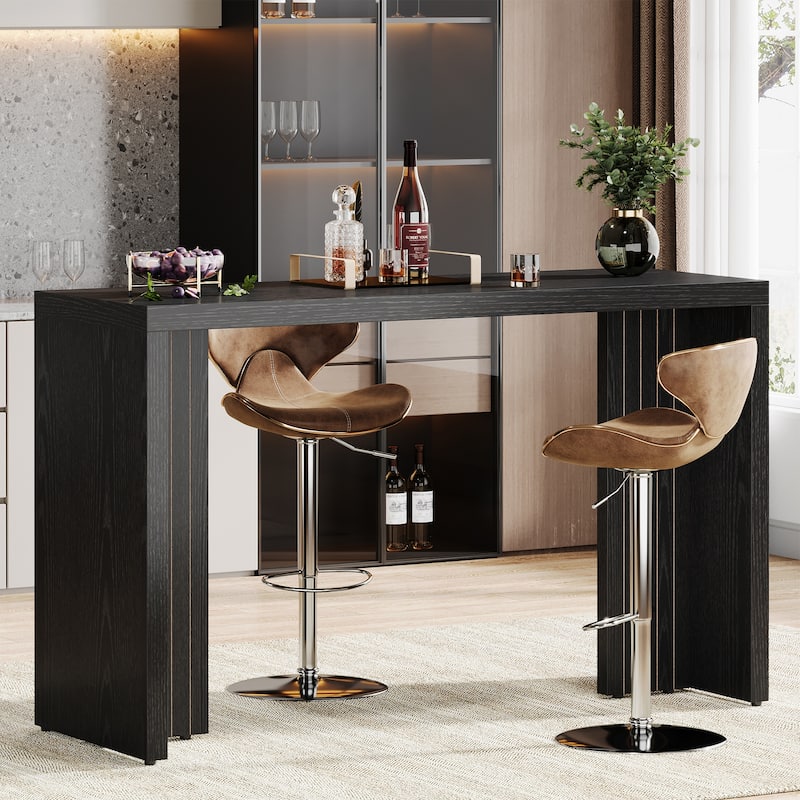 55'' Home Bar Unit, Bar Table with Faux Marble Finished Tabletop - Black