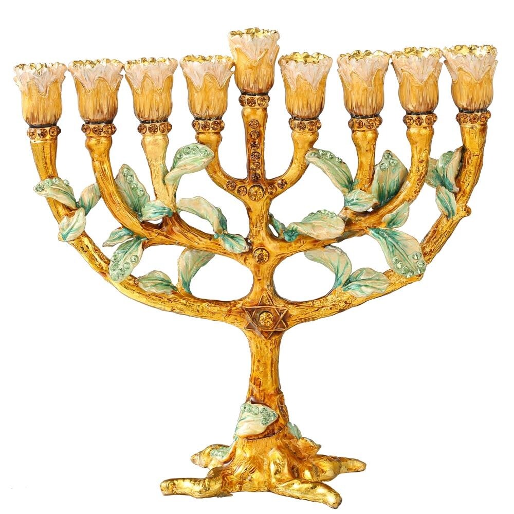 Matashi Hand Painted Enamel Menorah Candelabra w/ Tree & Flower