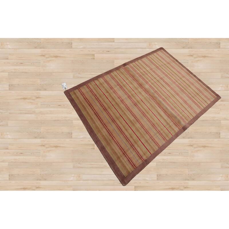Hand Knotted Tibetan Sage Striped 100% Wool Modern Oriental Area Rug - 4' x 6'