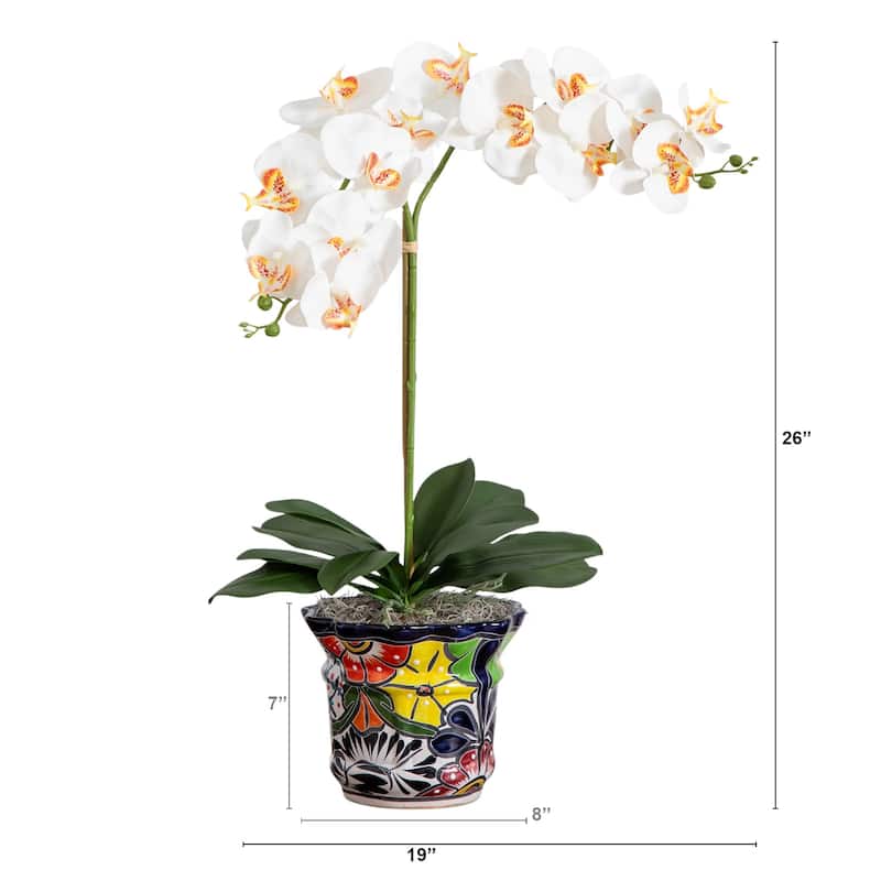 Double Orchid Artificial Floral Arrangement in Mexican Talavera Planter - 26"
