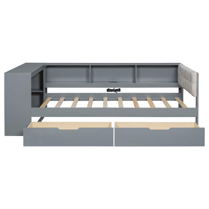 L-shaped Bed Frame with Desk,Shelves,Charging Station,and Optional Upholstered Sofa Bed with Trundle or Wood Daybed with Drawers
