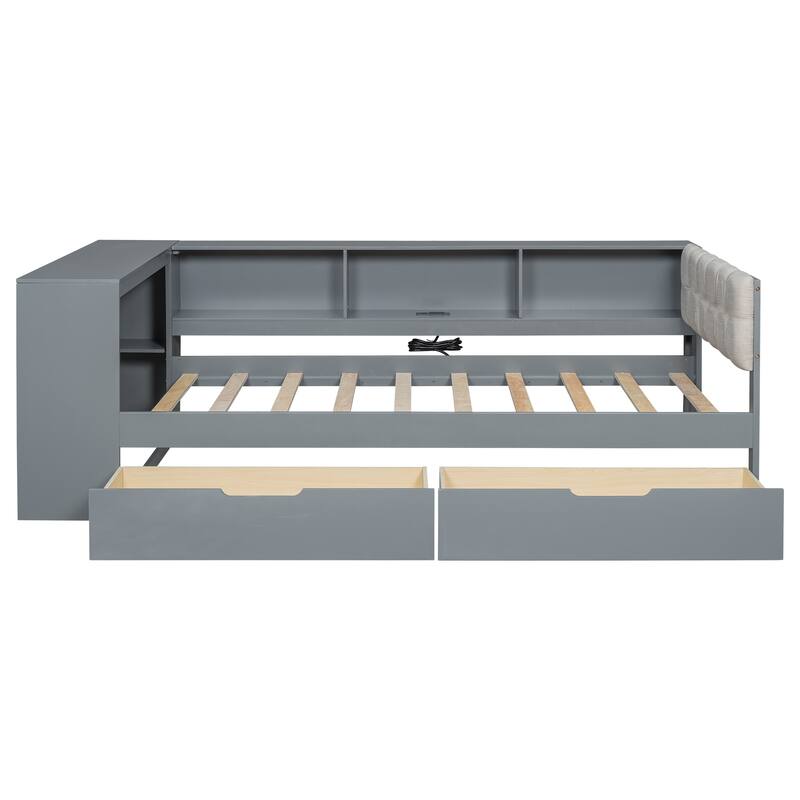 Wood Twin Size Platform Bed Frame with Storage Shelves, Drawers, Charging Station and Upholstered Headboard for Bedroom