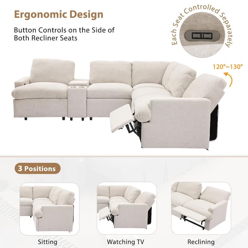 104" Linen Power Recliner Sectional 4-Seat Sofa with Storage, USB Ports and Cup Holders