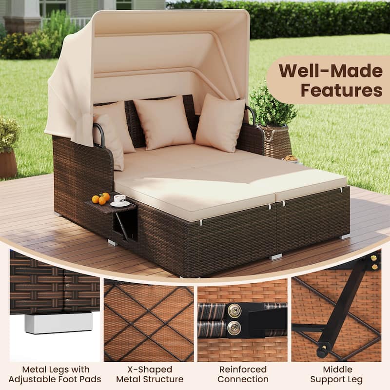 Costway Patio Rattan Daybed Lounge Retractable Top Canopy Side Tables - See Details