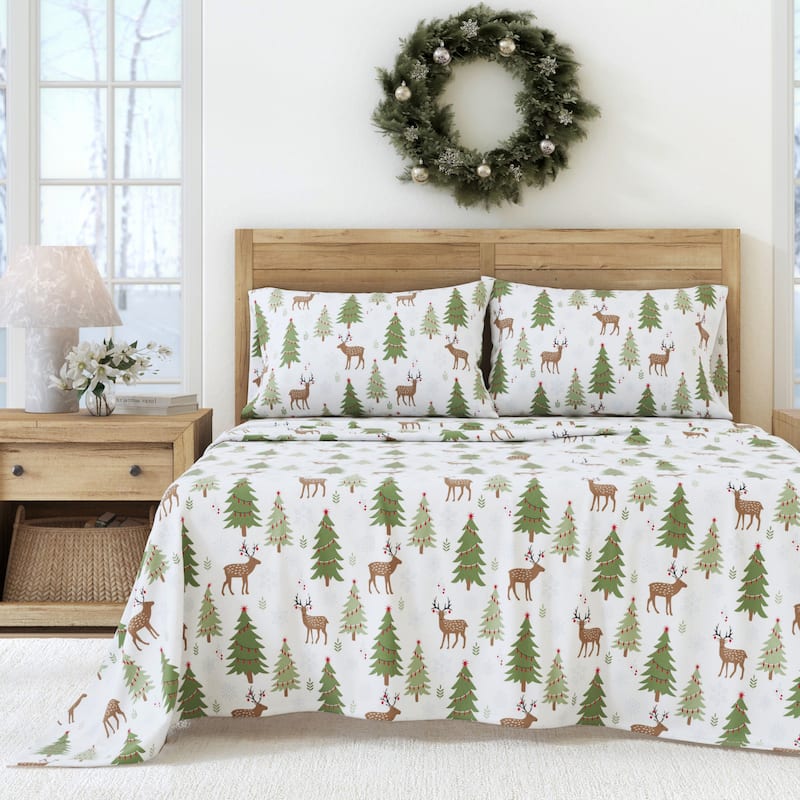 Linery & Co. Turkish Cotton Double-Brushed Christmas Flannel Bed Sheet Set - Full - Deer, Trees, & Snow