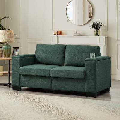 Roomfitters 67.7" Modern Loveseat with Square Armrests, Upholstered Fabric Couch with Cup Holder and Storage for Living Room