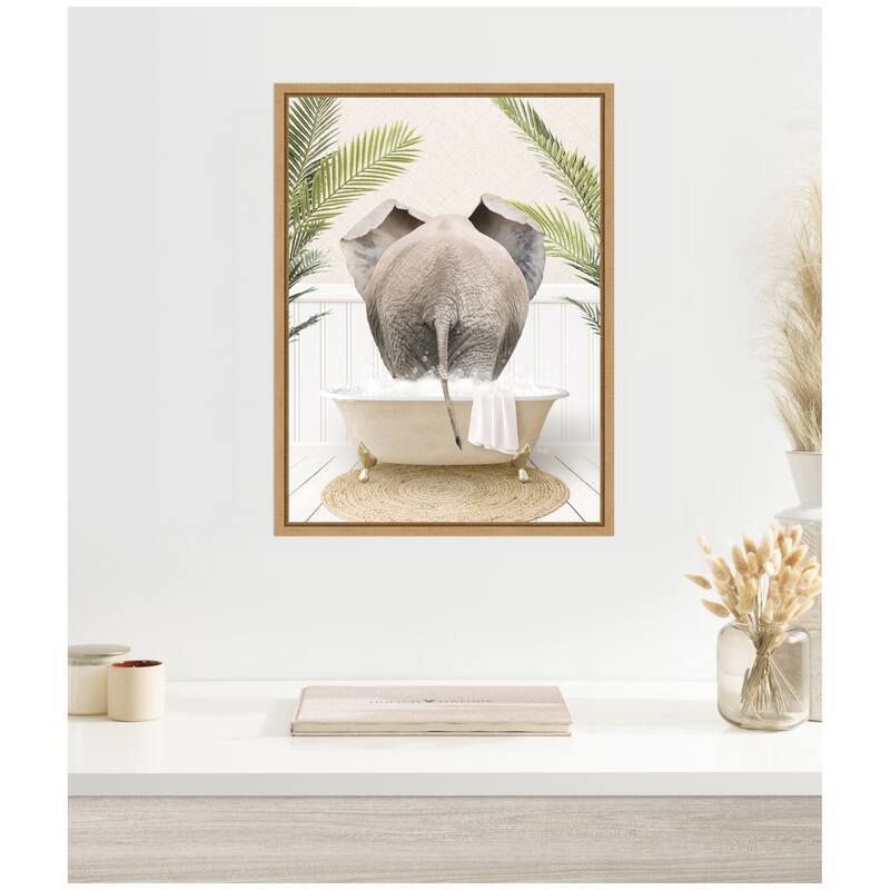 Kate and Laurel Sylvie Elephant Back in Palm Bathtub Framed Canvas by Amy Peterson