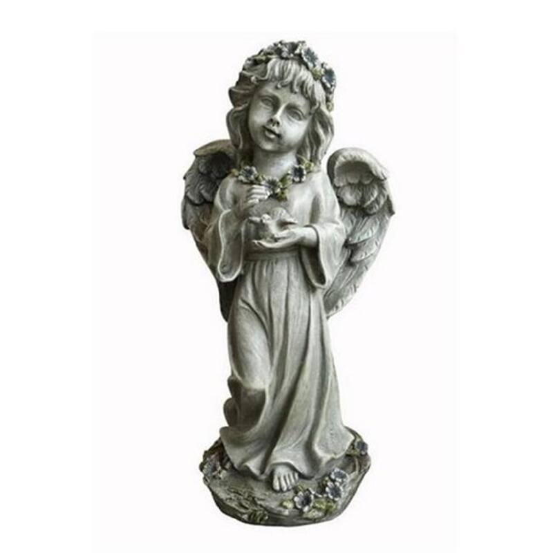 12" Standing Angel Child Holding Bird Outdoor Garden Statue