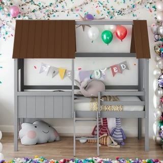 Elegant Twin Size Low Loft Wood House Bed with Two Side Windows, Superior Quality & Better Sleeping Environment, Grey+Brown