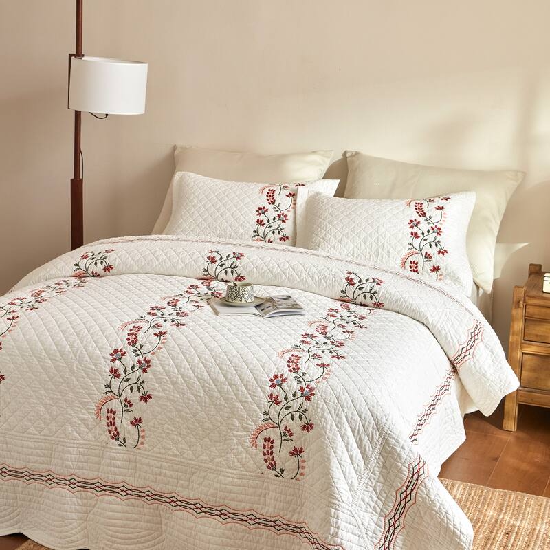 Cotton European Folk Embroidered Quilt Bedspread Set