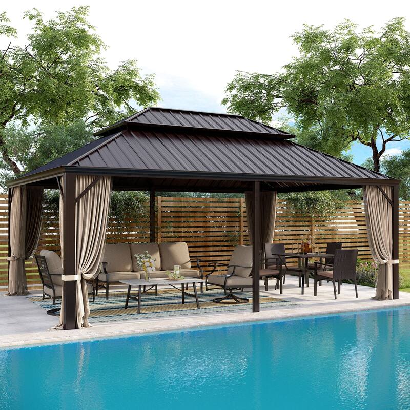 MAISON ARTS 14x20' Hardtop Aluminum Galvanized Steel Double Roof Gazebo with Netting & Curtains