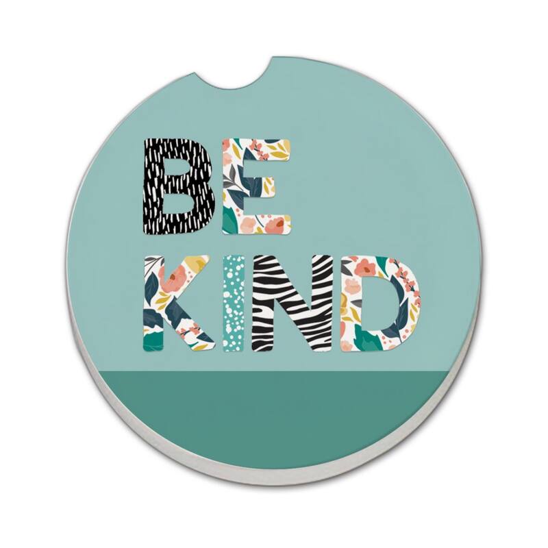 Be Kind Floral 2 Pack Absorbent Stone Coaster for Vehicle Cup Holder 2.6” Diameter Manufactured in The USA - Multi