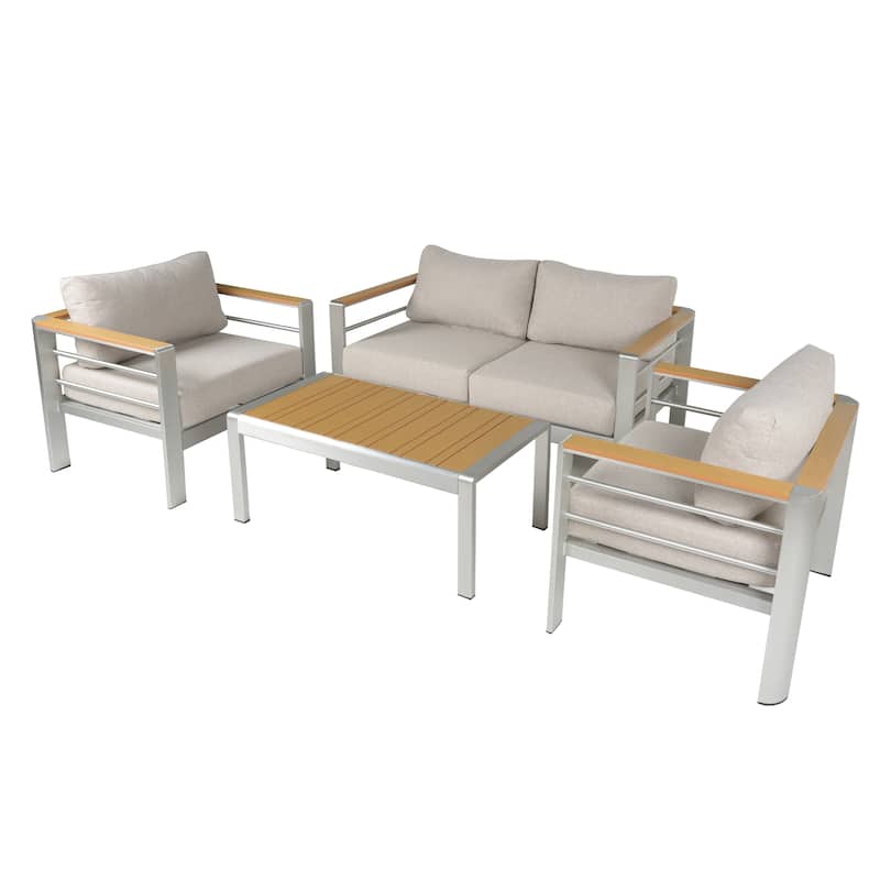 Roomfitters Modern Outdoor Patio Sofa Set, Aluminum Frame with Cushions & Wood-Style Table, Beige+Silver