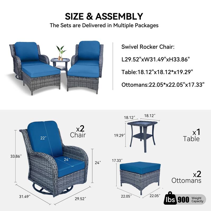 5 Piece Rattan Outdoor Sectional Conversation Sets with 2 Swivel Rocking Chairs,2 Ottomans and 1 Side Table