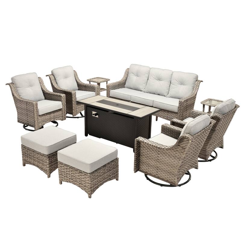OVIOS 10-piece Patio Wicker Swivel Rocking Chair Set With Fire Pit