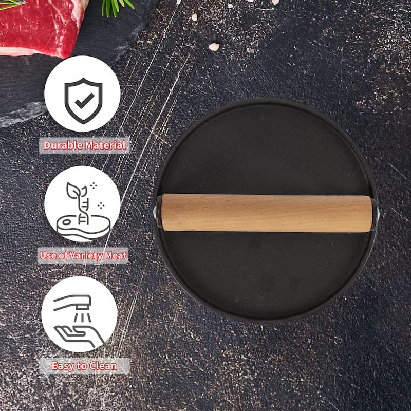 Round Burger Press, Cast Iron Smash Bacon Press Meat Steak with Wood Handle for Griddle Sandwich Nonstick Pan, Black