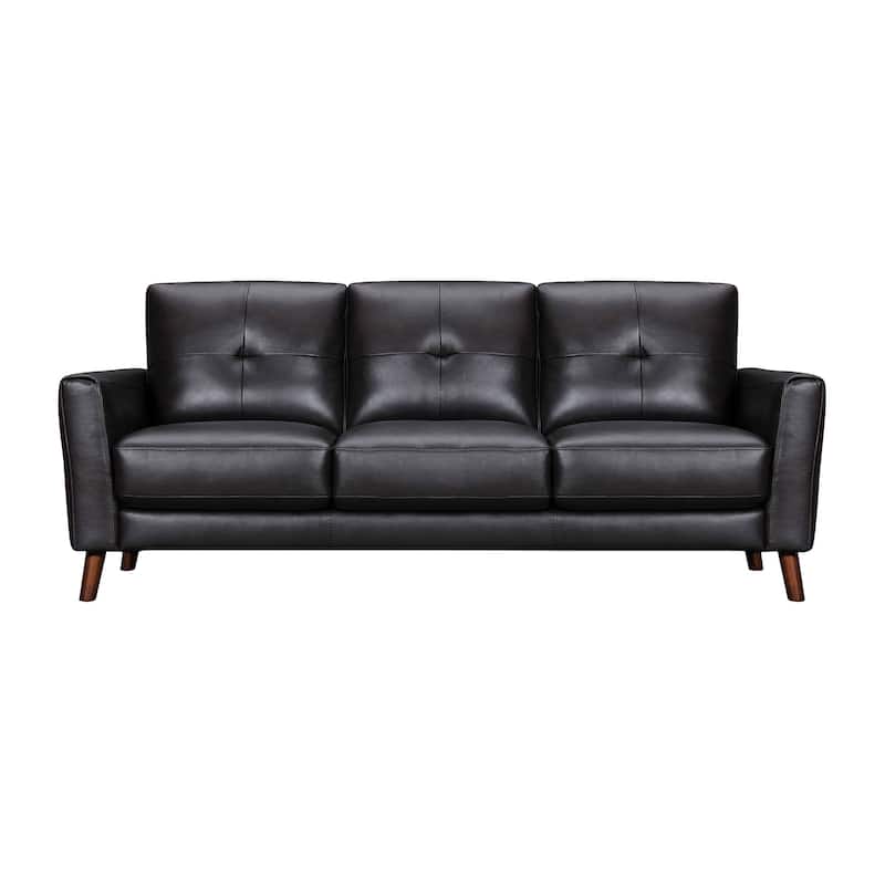 HomeRoots 82" Black Leather Sofa With Brown Legs