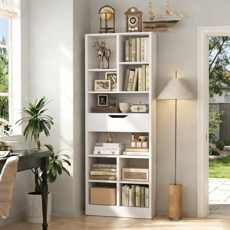 Freestanding 74" Tall Bookcase with Drawer,8-Tier Bookshelf Open Display Shelves for Living Room Home Office, Bedroom - White