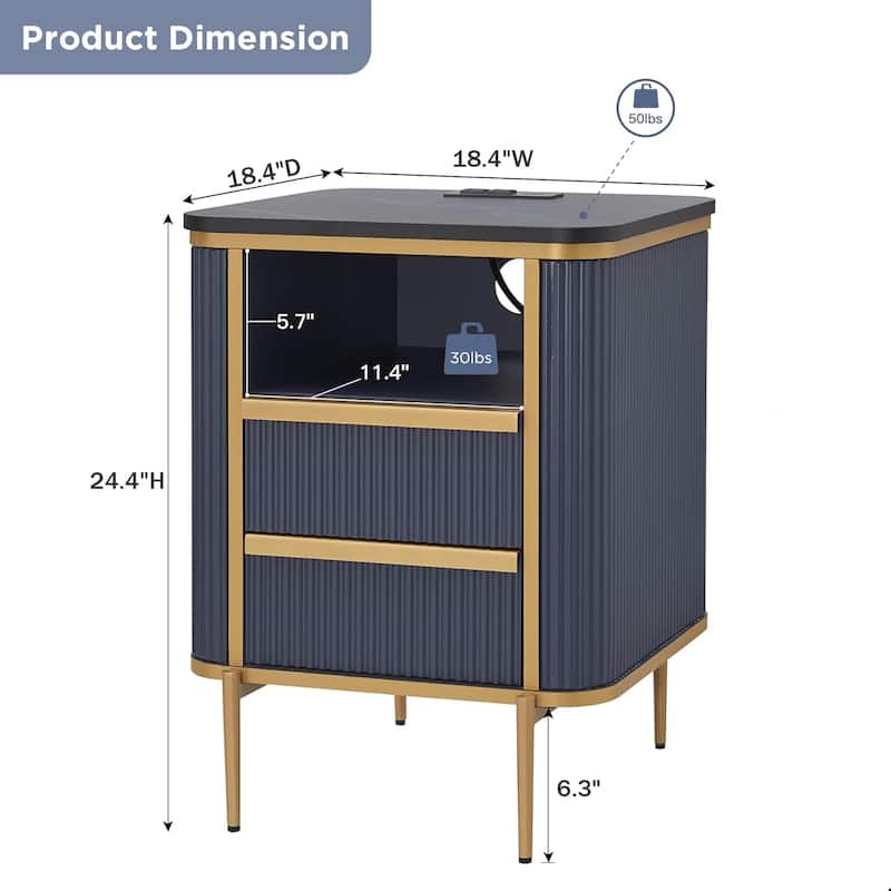 Modern Fluted Nightstand Set of 2 with Charging Station, End table
